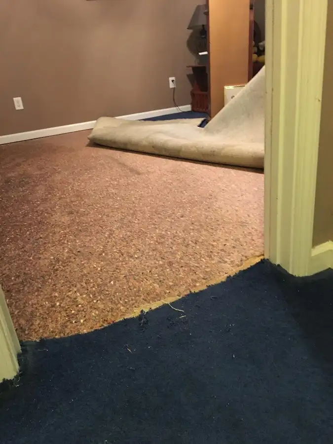 Carpet pad removal revealing water damage during Water Mitigation Services in Plainfield
